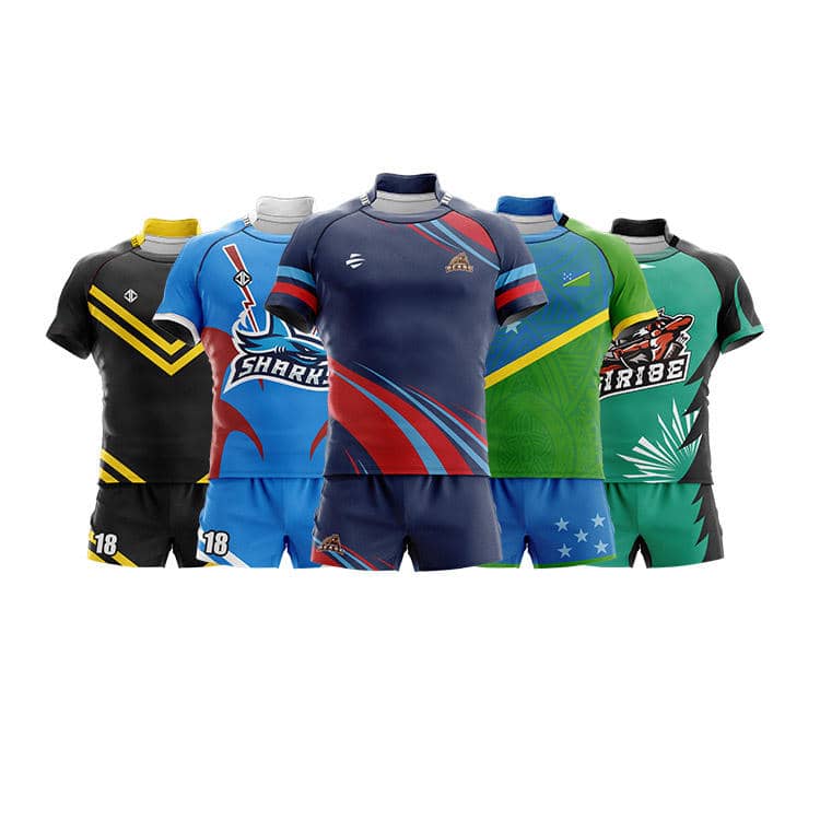 Durable custom rugby jerseys built for contact sport. MOQ 1 piece, sublimation printing, reinforced stitching. OEM factory with free design support.