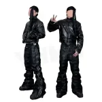 Custom Streetwear Racing Leather Jacket & Stacked Flare Pants Set