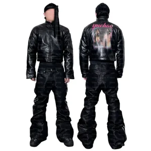 Custom Streetwear Racing Leather Jacket & Stacked Flare Pants Set