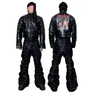 Custom Streetwear Racing Leather Jacket & Stacked Flare Pants Set