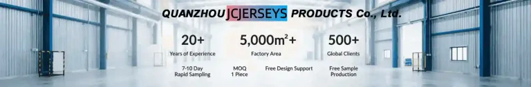 JC Jerseys Factory Overview – 16+ Years Experience, 10,000㎡ Modern Facility, ISO-Certified Production Lines, Automated Equipment, 200+ Skilled Workers